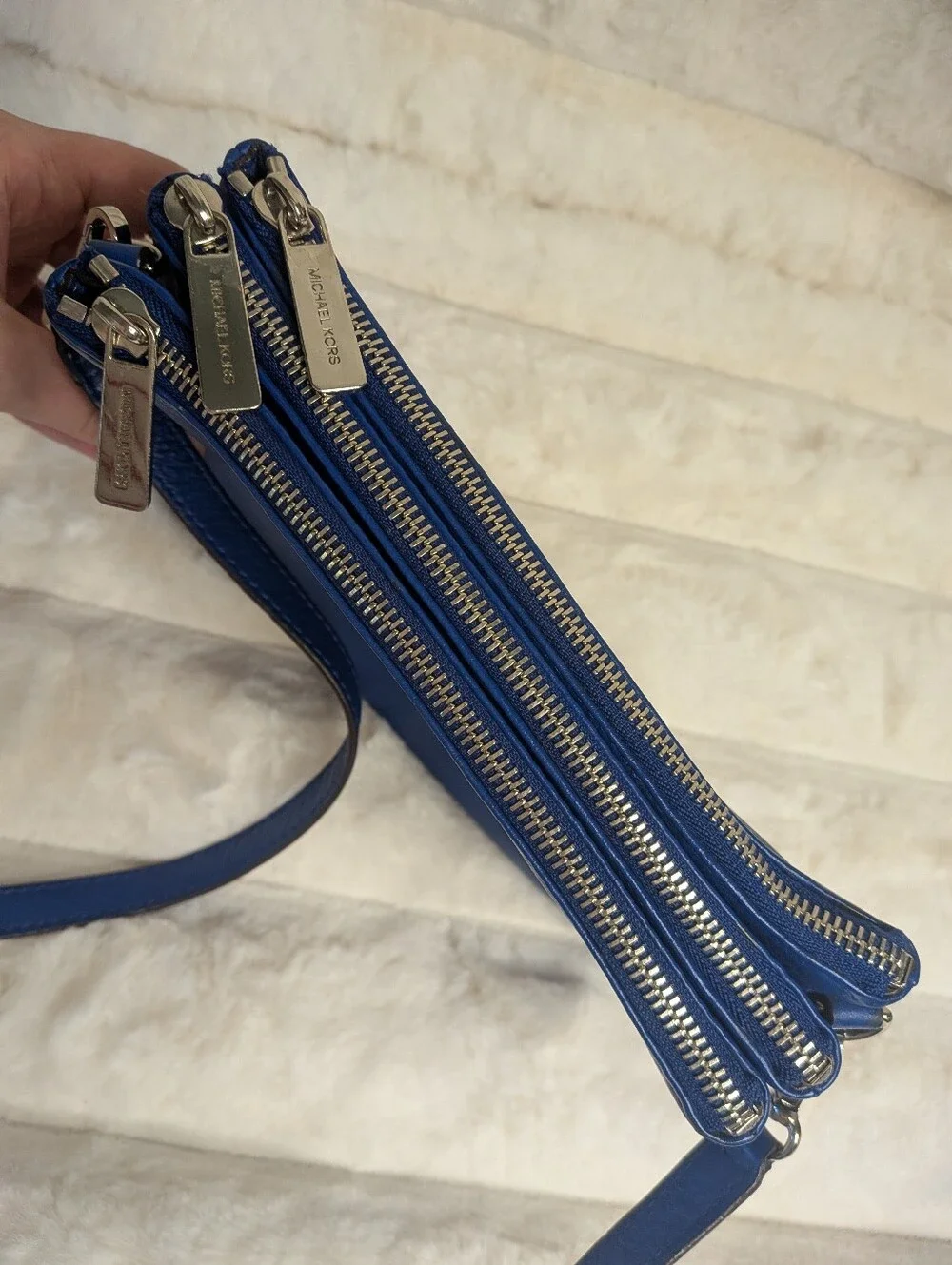 Michael Kors Navy Pebbled Leather Triple Zipper Crossbody